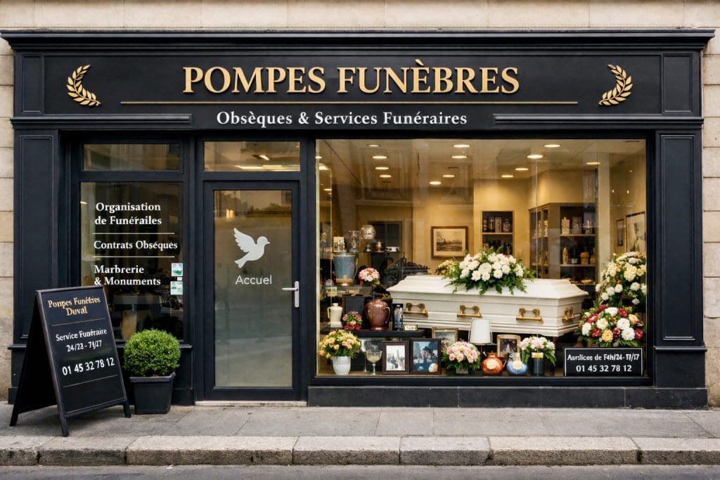 Pompes Funèbres storefront during the day