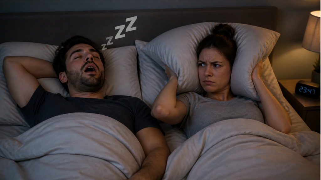 couple dans un lit avec une personne qui ronfle