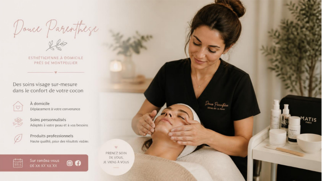 Esthéticienne indépendante réalisant un soin du visage à domicile près de Montpellier