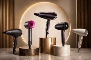 Femme qui sèche ses cheveux au sèche-cheveux avec un concentrateur
