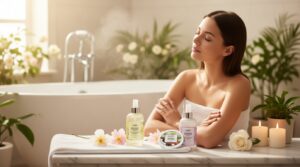 Flacon de brume parfumée pour le corps et les cheveux posé dans une salle de bain lumineuse