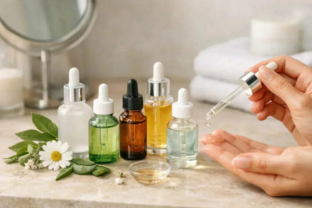Flacon de serum visage avec pipette posé sur une surface claire