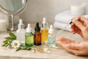 Flacon de serum visage avec pipette posé sur une surface claire