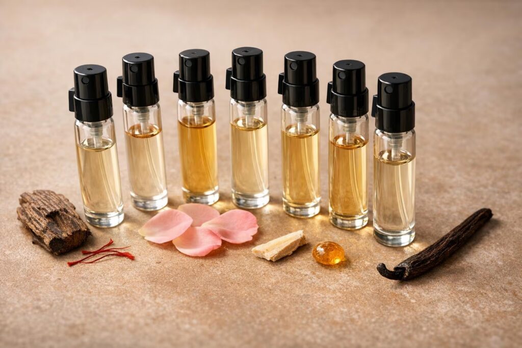 Flacons élégants de parfum de niche posés sur une table raffinée