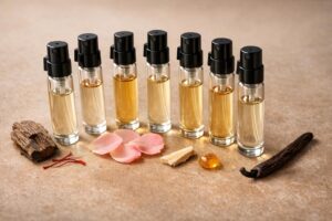 Flacons élégants de parfum de niche posés sur une table raffinée