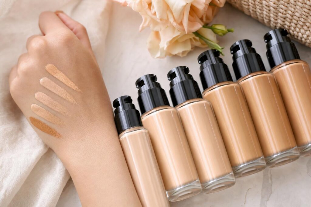 Application d'un fond de teint liquide sur le visage pour un rendu naturel et uniforme