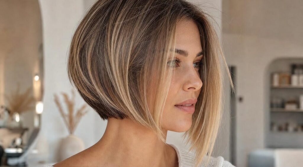 Femme aux cheveux fins coupés en carré plongeant avec du mouvement aux racines