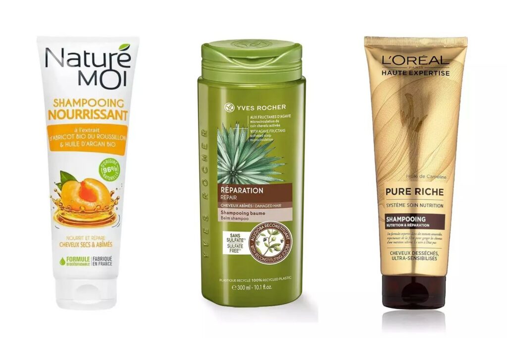 Flacon de shampooing sans sulfate, sans silicone et sans paraben posé près d'une serviette